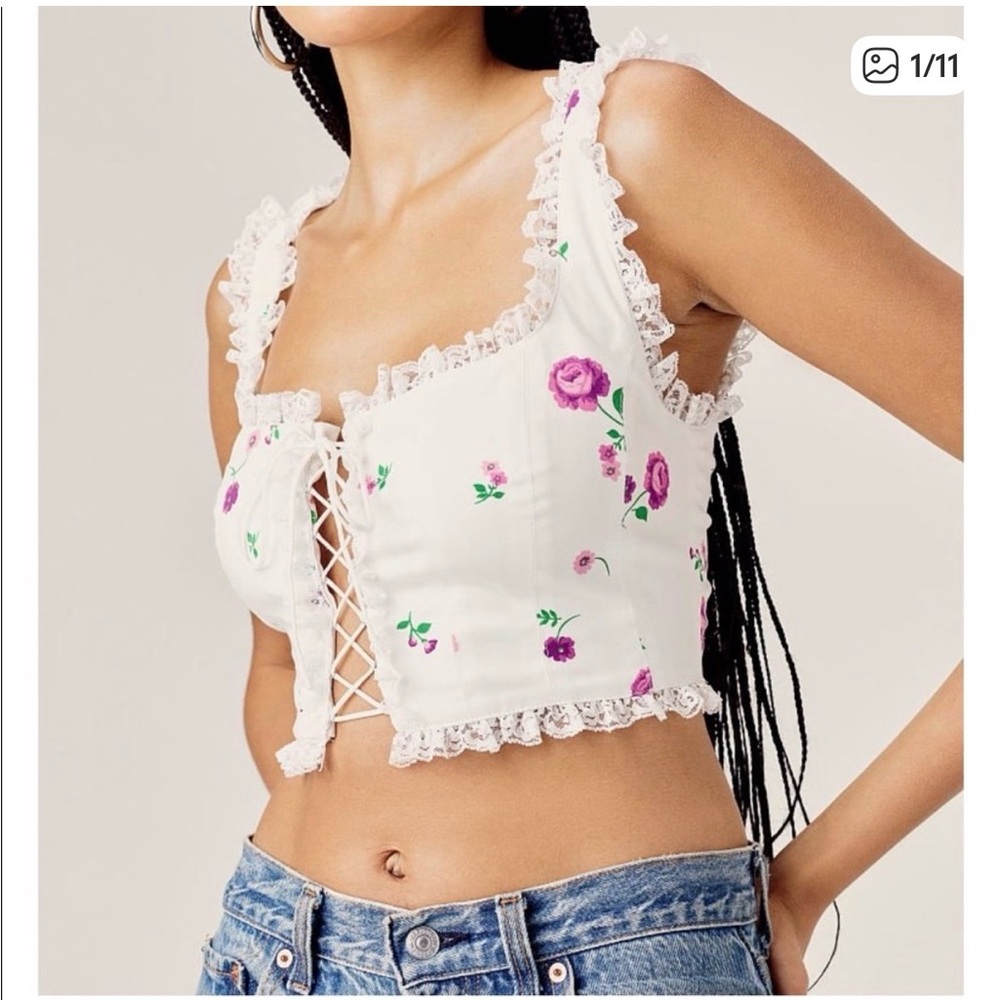 For Love And Lemons White Floral Lace-Up Crop Top